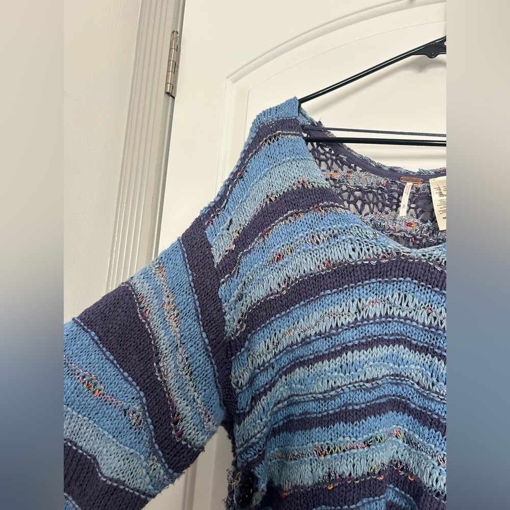 Free People Lake Life Pullover Sweater Bottled Blue Combo size small Chunky Knit - Picture 7 of 13